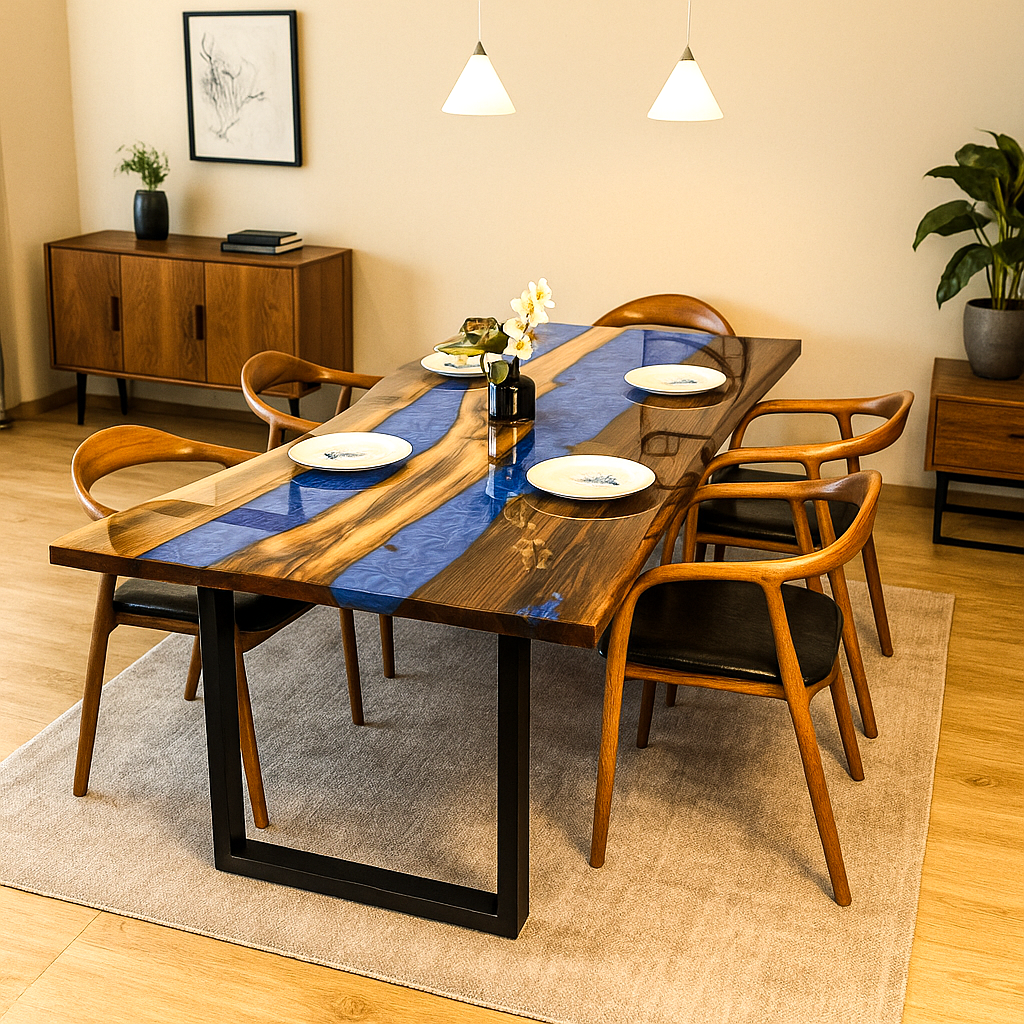 Blue epoxy river walnut dining table from a wider angle with a wooden sideboard behind