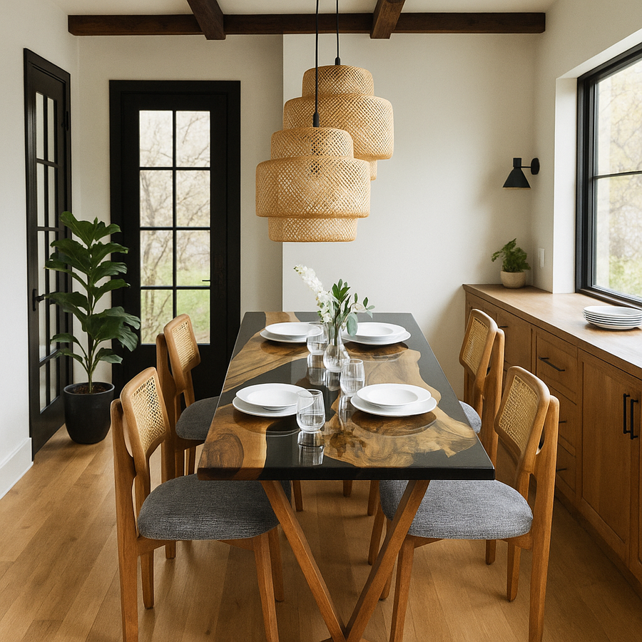 Raven black epoxy river dining table with a live edge walnut inlay and wooden V legs, front view in a bright room