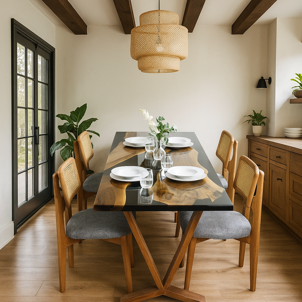 Dining room with wooden table and chairs, plants, and a lamp.