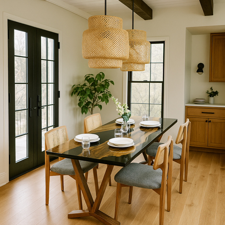 Dining room with a black table, wooden chairs, and wicker pendant lights.