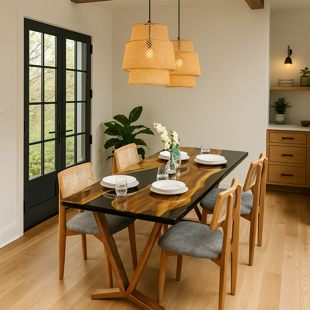 Dining room with wooden table and chairs, black-framed door, and plants.