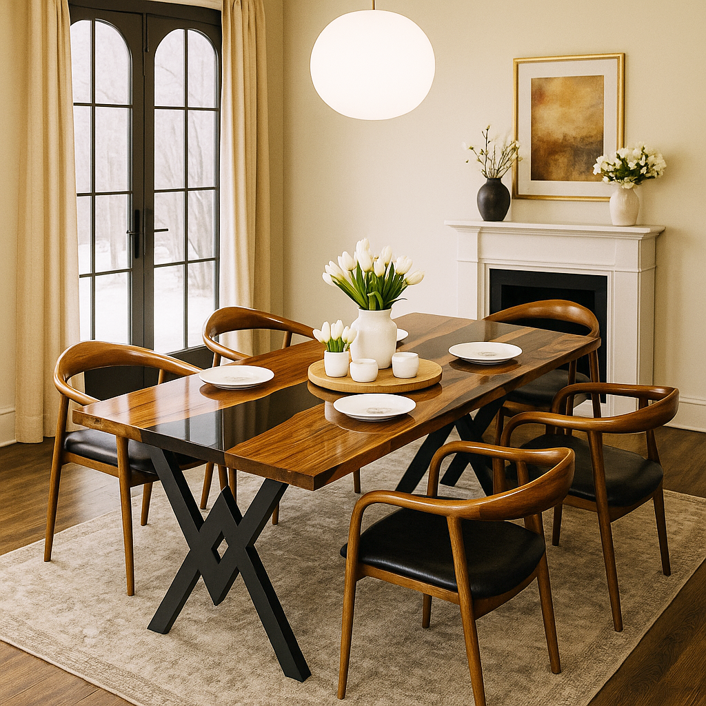 Onyx black epoxy river walnut dining table with black X-shaped legs and four chairs near a fireplace
