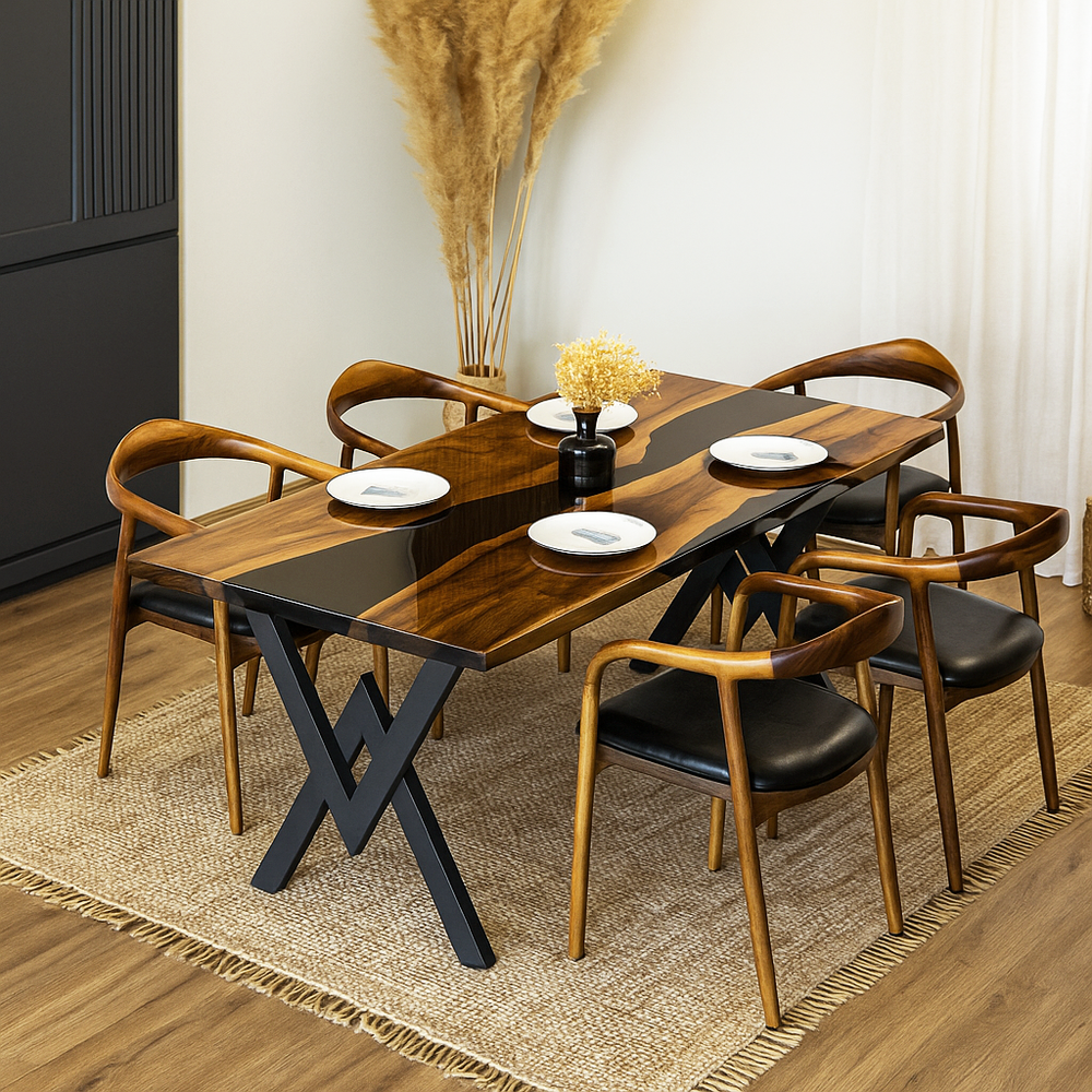 Dining table set with chairs in a room with decorative elements.