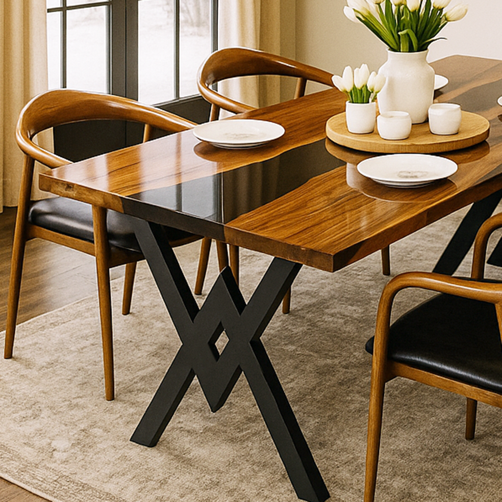 Close-up of the walnut dining table end with a black epoxy river and black X-shaped legs