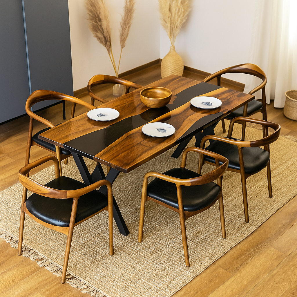 Elevated view of the black epoxy river walnut dining table with chairs on a jute rug