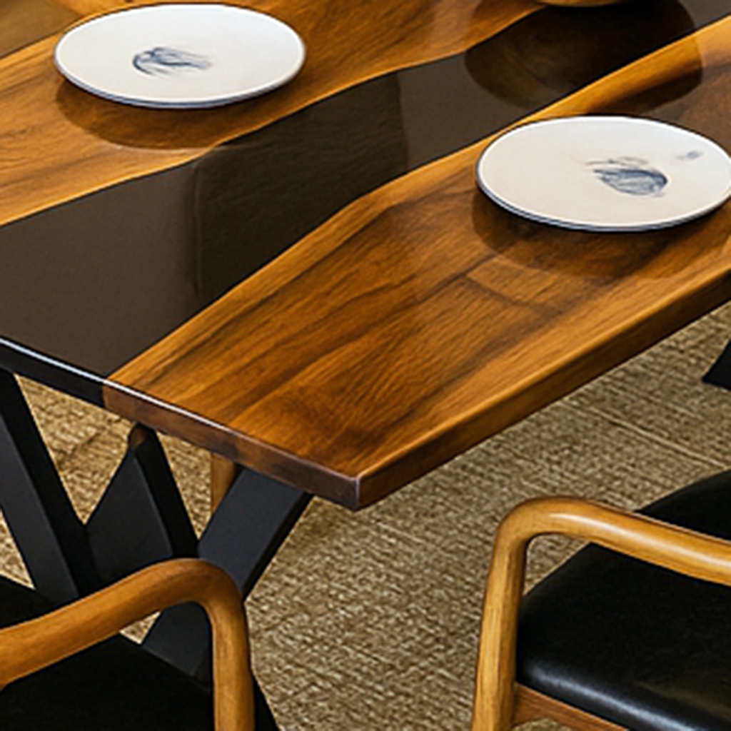 Close-up of the black epoxy river between two walnut planks, with a white plate on the table