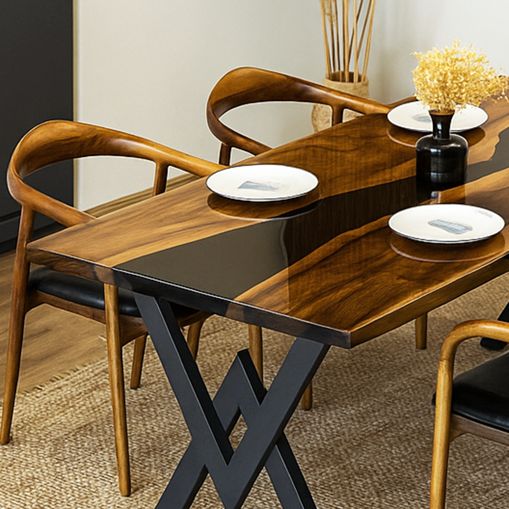 Side view of the walnut dining table with a black epoxy river, black X legs and a black seat chair