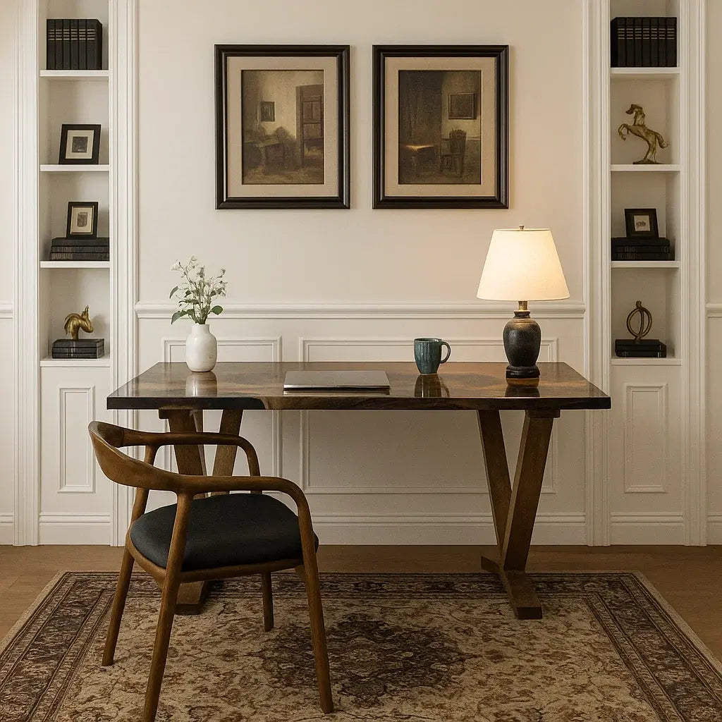 Home office with wooden desk, chair, lamp, and framed pictures on a white wall.