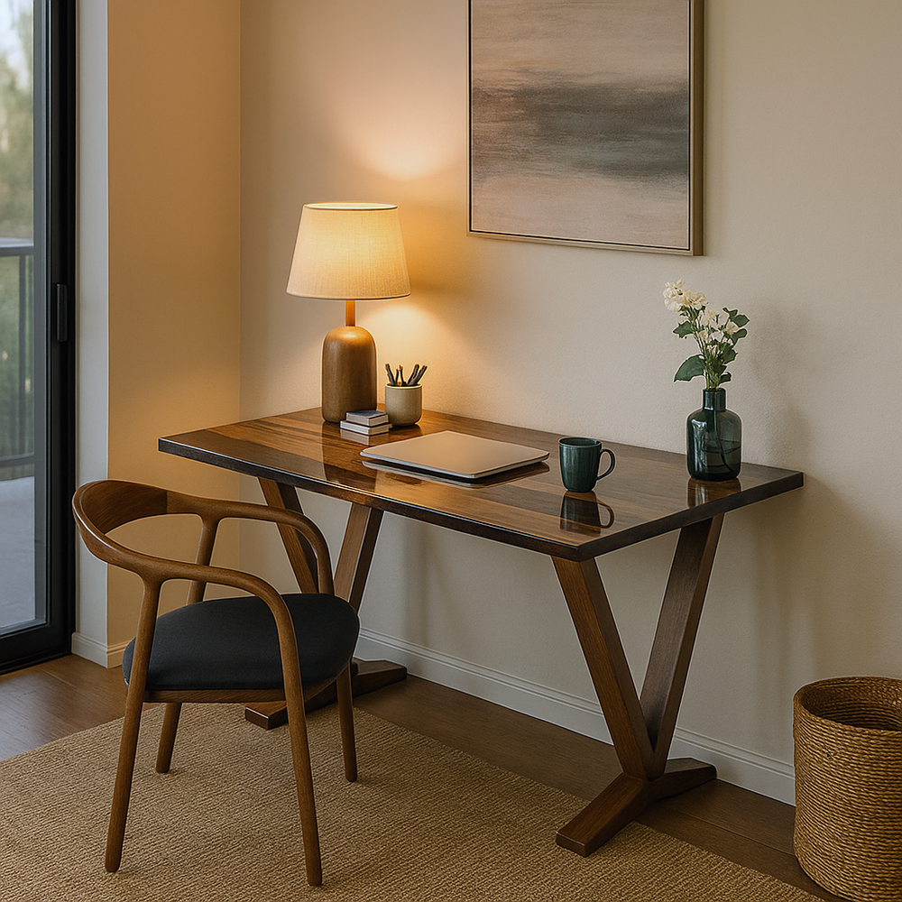 Wooden desk with chair in a room with a lamp and decorative items.