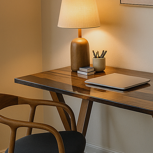 Wooden desk with lamp, notebook, and pen holder in a cozy room.
