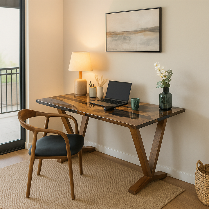 Home office with wooden desk, chair, laptop, and decor items.