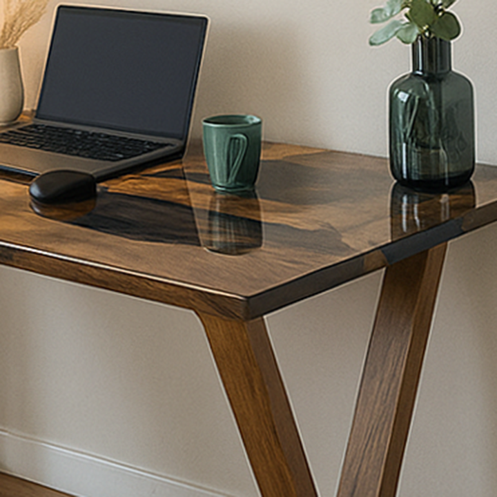 Wooden desk with laptop, mouse, and decorative items on a neutral background