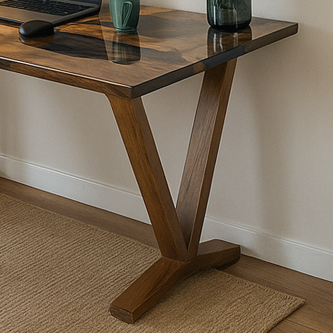 Wooden desk with a laptop, mug, and decorative item on a neutral background