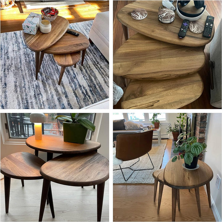 Four customer photos of the walnut pebble style nesting tables in living rooms