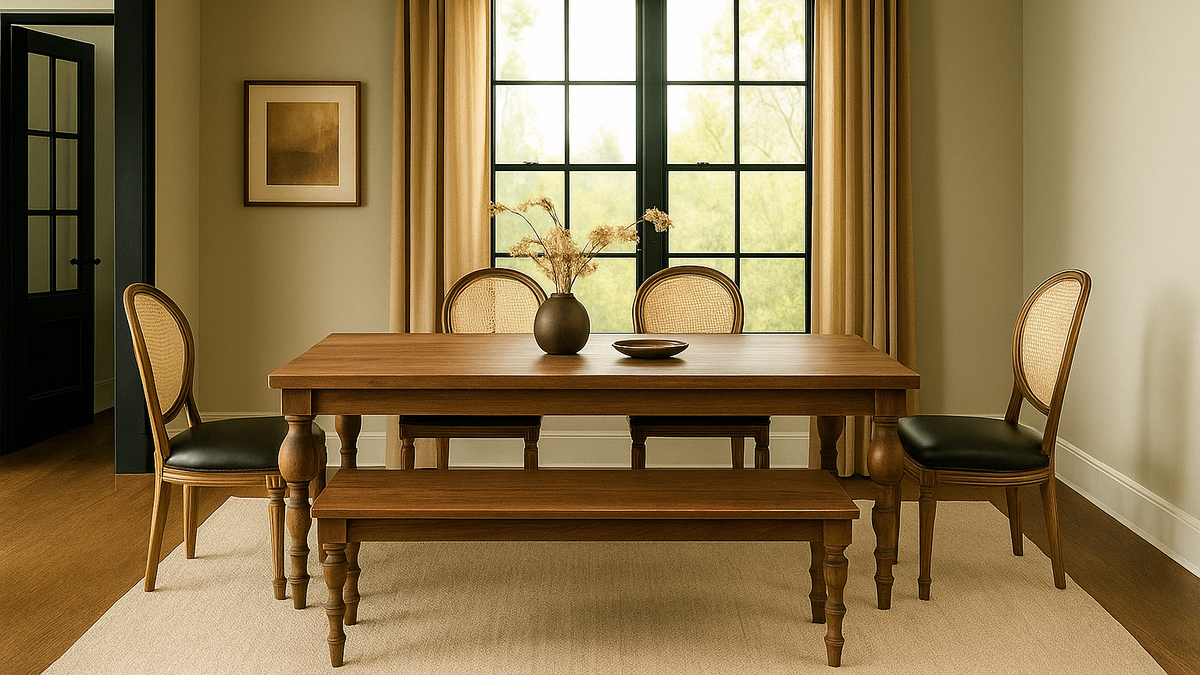 Farmhouse wood dining table with a matching bench and cane-back chairs by a window