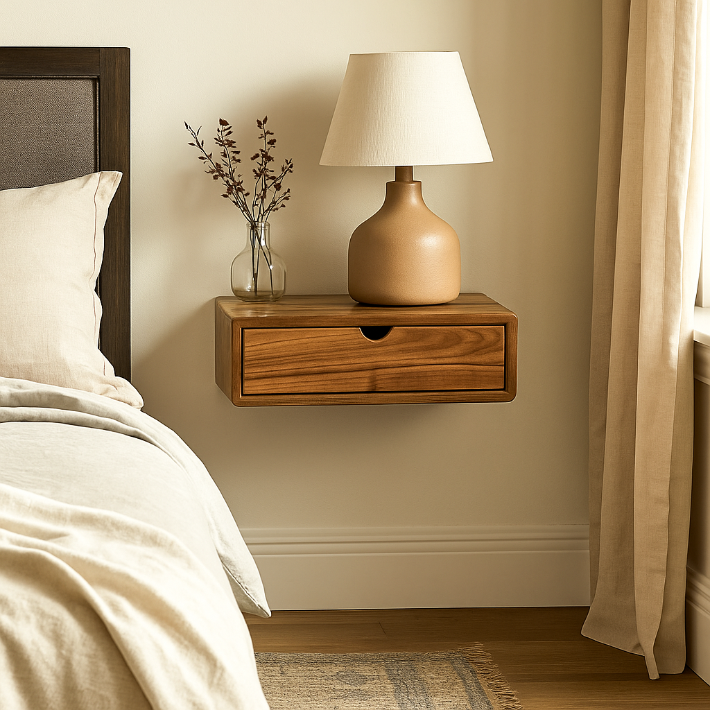floating walnut nightstand next to bed