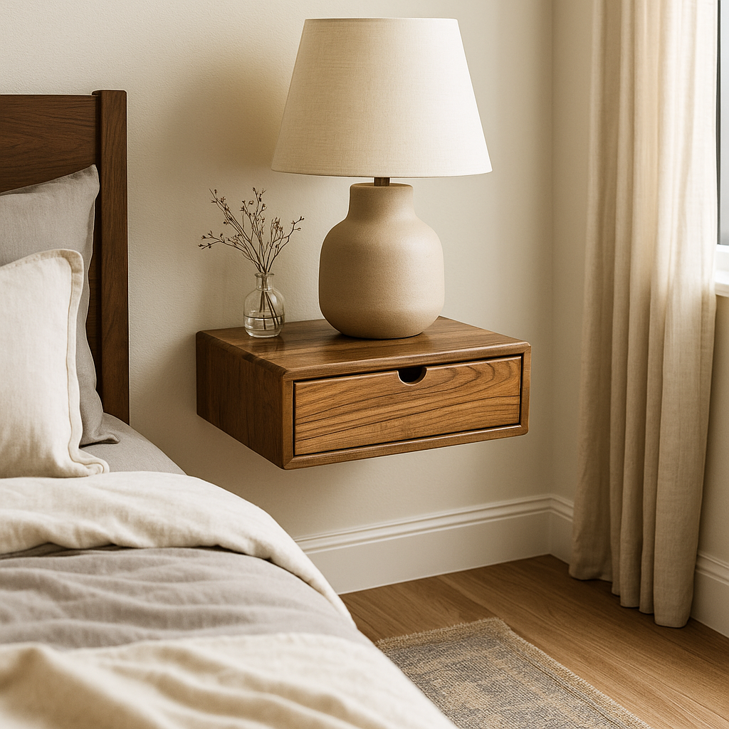 Walnut wall-mounted nightstand with drawer next to a bed, angled view from above