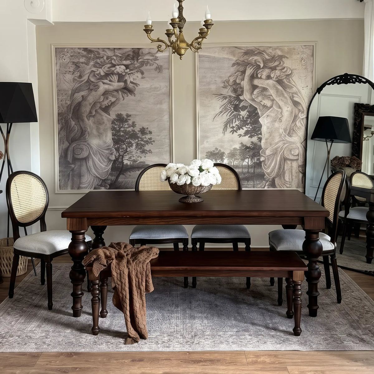 Provence solid oak dining table in espresso finish with baluster legs, cane-back chairs and a bench