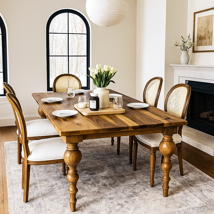 Dining room with wooden table and chairs, flowers, and a fireplace.