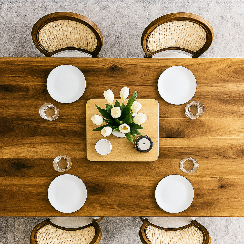 Wooden dining table set with white plates, a central floral arrangement, and two chairs.