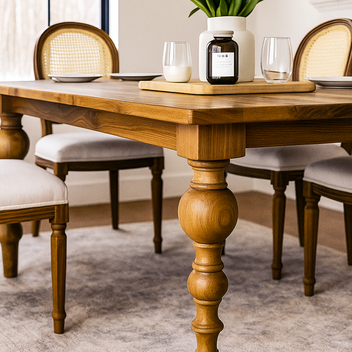 Wooden dining table with chairs in a room setting