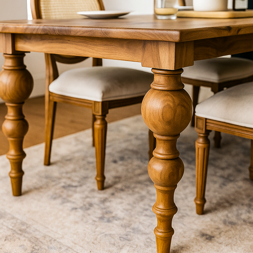 Wooden dining table with chairs in a room setting