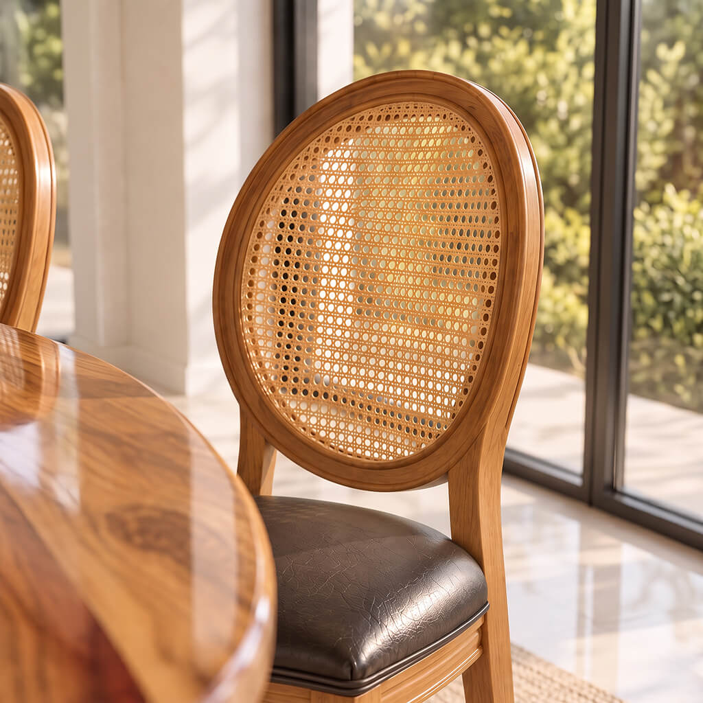 Cane back dining chair with a leather seat beside the rounded walnut edge of the Garnet table