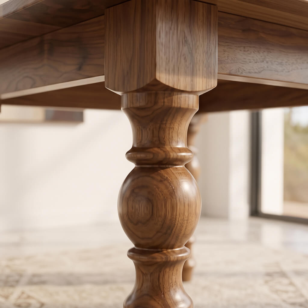 Turned solid wood leg of the Garnet oval dining table, shaped on the lathe