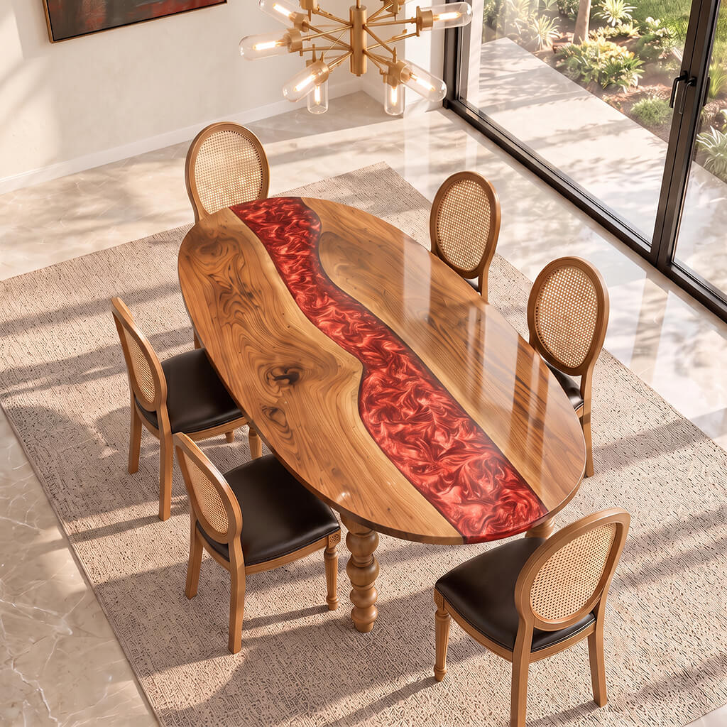 Oval walnut top of the Garnet dining table seen from above, with the red epoxy river running end to end