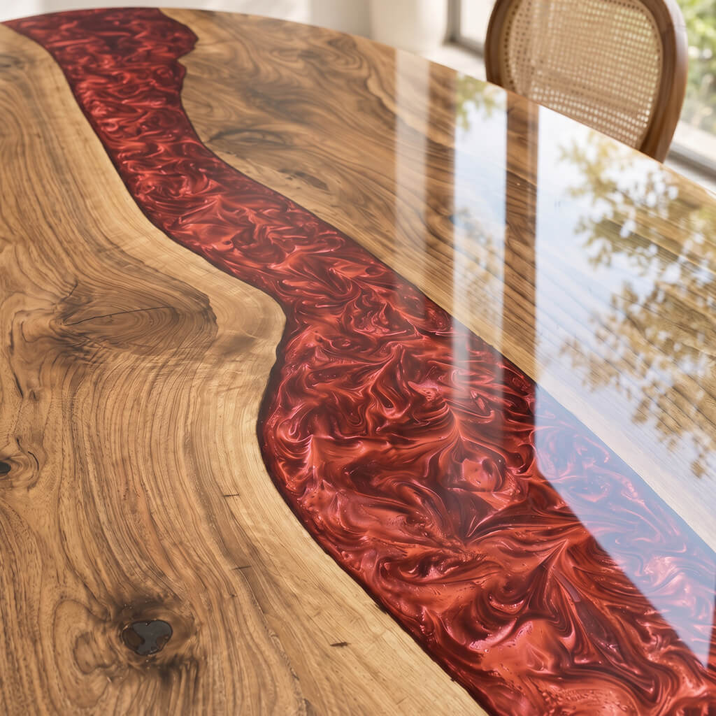 Close up of the deep red epoxy river against walnut grain under the high gloss finish