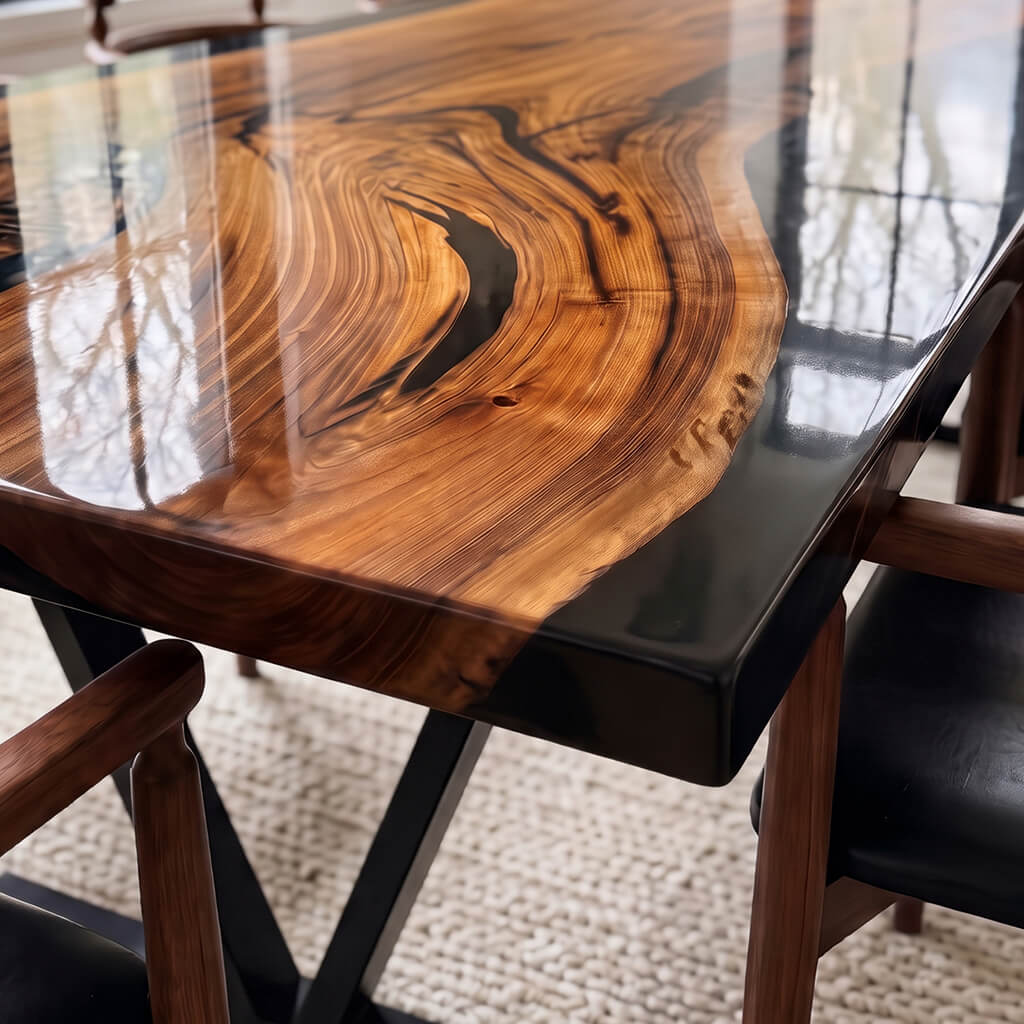 Luxury Geneva dining table showcasing handcrafted live edge contours and central epoxy detailing