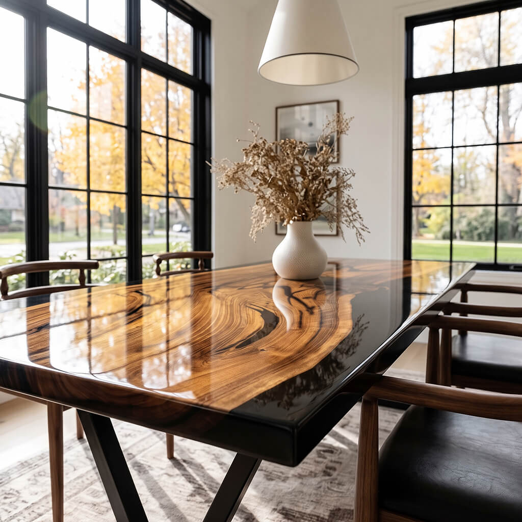 Geneva dining table paired with modern dining chairs in a stylish contemporary interior