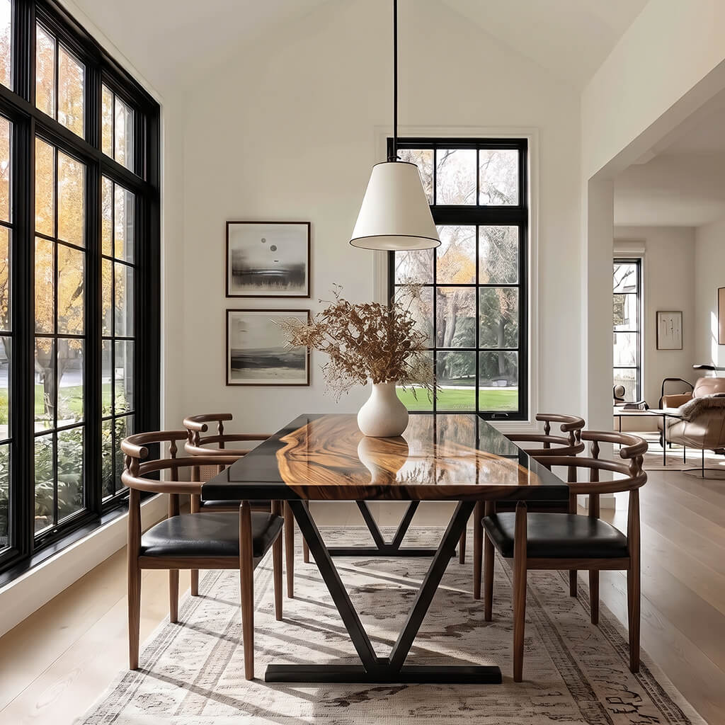 Elegant Geneva dining table with natural live edge slabs and clear central channel design