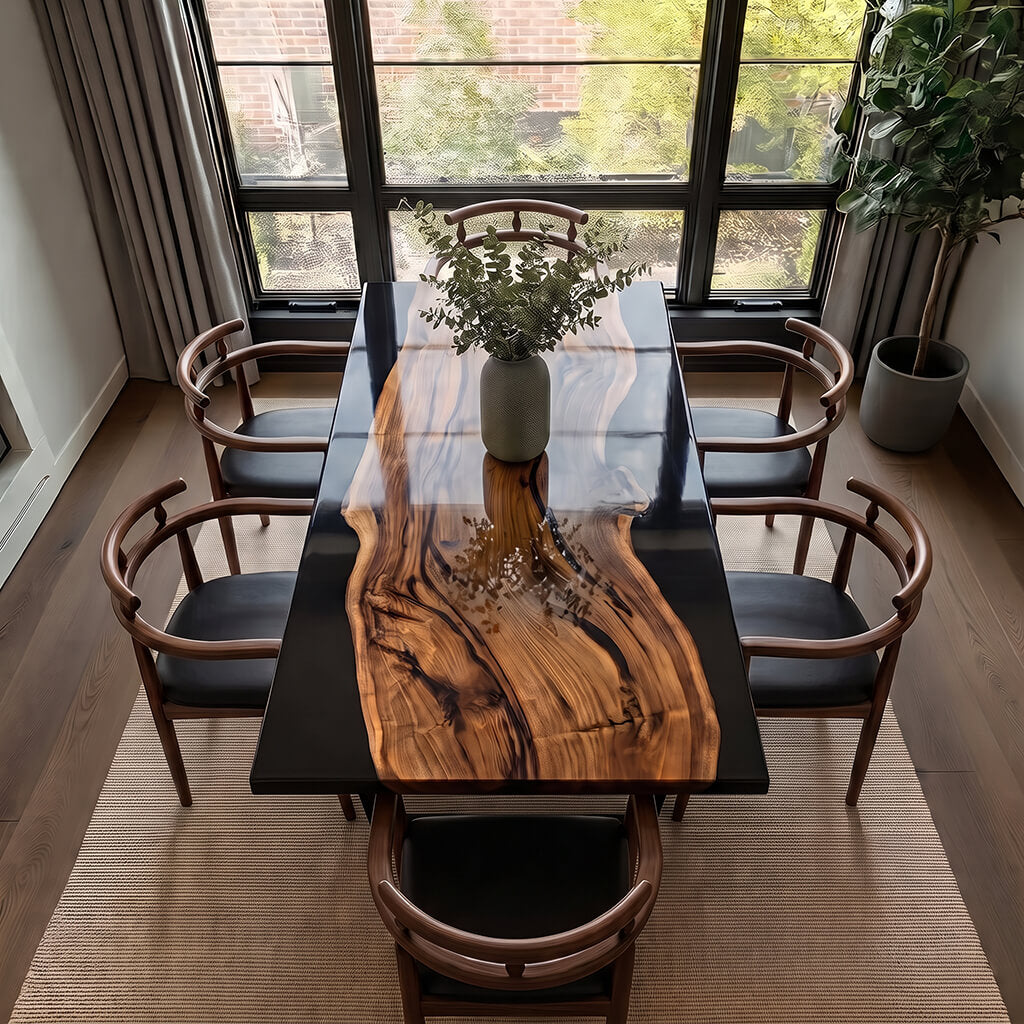 Contemporary Geneva dining table with unique central resin flow as a focal point for dining rooms