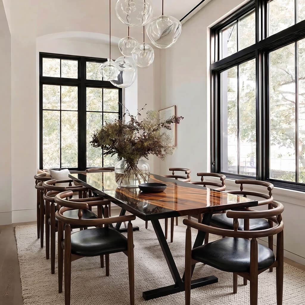 Geneva dining table featuring a flowing epoxy center stream and geometric metal legs