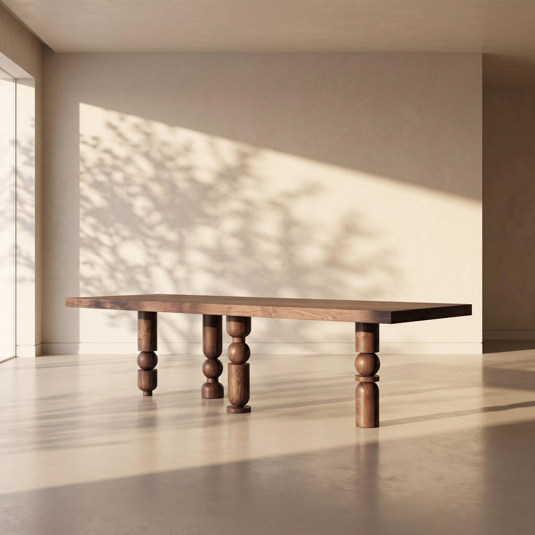Elegant Postmodern Turned Dining Table highlighted by the play of light and organic shadows on the background.