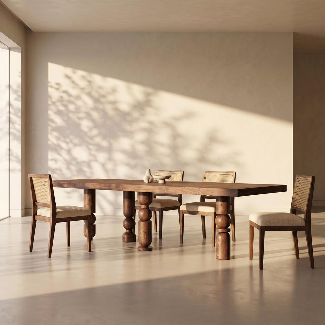 Postmodern Turned Dining Table showcasing a minimalist thick wooden tabletop paired with unique geometric turned legs.