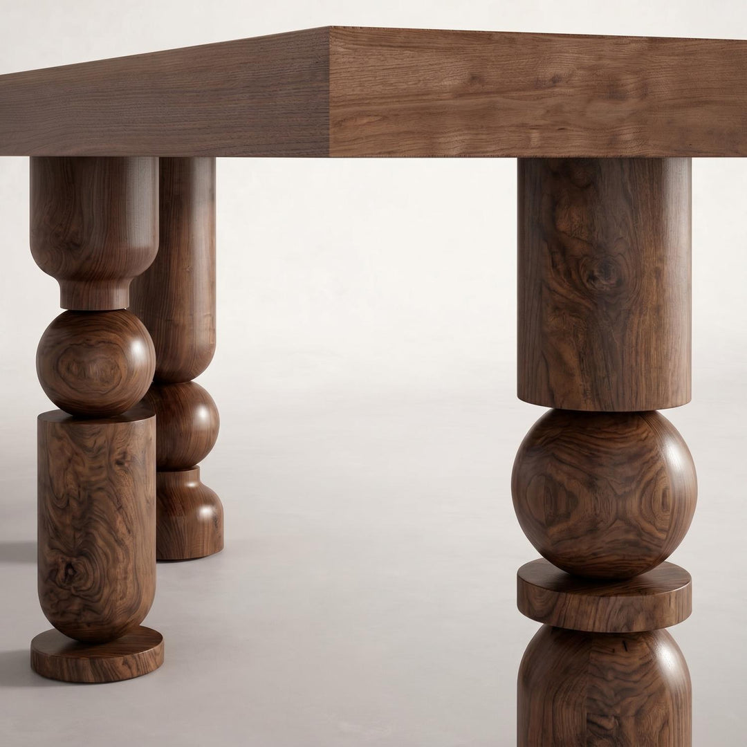 Modern luxury dining room furniture featuring the solid construction of the Postmodern Turned Wood Dining Table.
