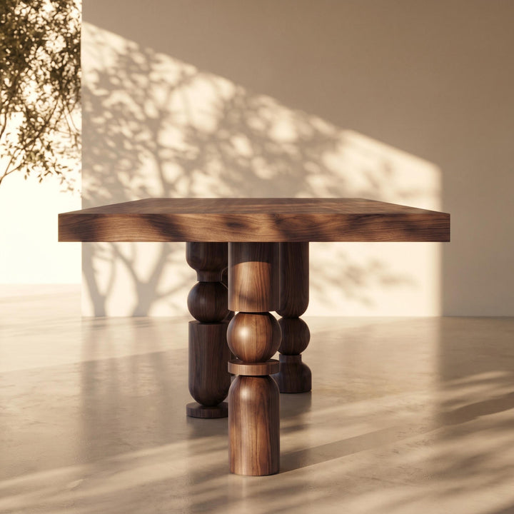 High-end Postmodern Turned Wood Dining Table displaying fine wood grain textures and a polished sleek surface.