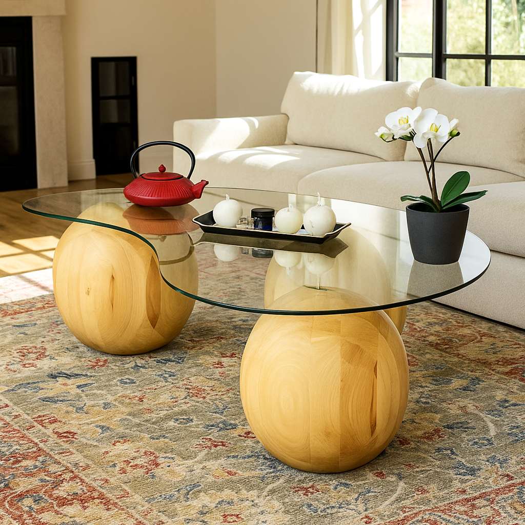 Bean shaped glass coffee table with wooden ball legs seen from a low angle beside a cream sofa