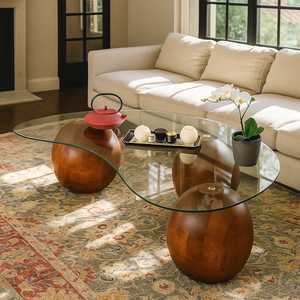 Glass coffee table with decorative items in a living room setting