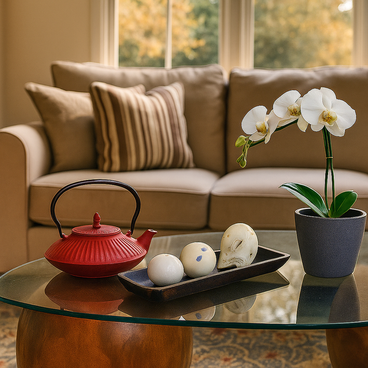 Red teapot, decorative eggs, and a potted orchid on a glass coffee table with a beige sofa in the background.