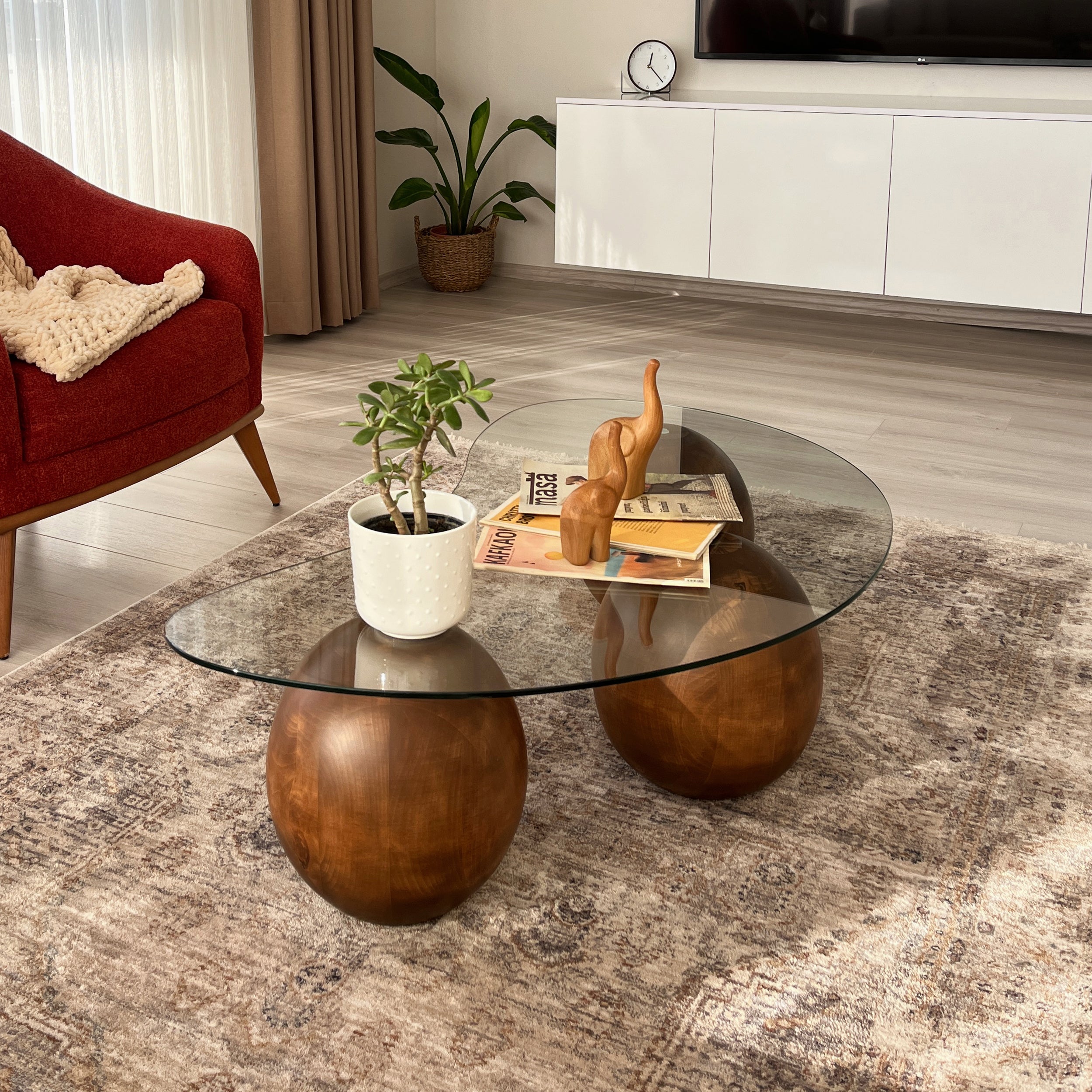 Mid Century Modern Glass Coffee Table - Dark Spruce Legs