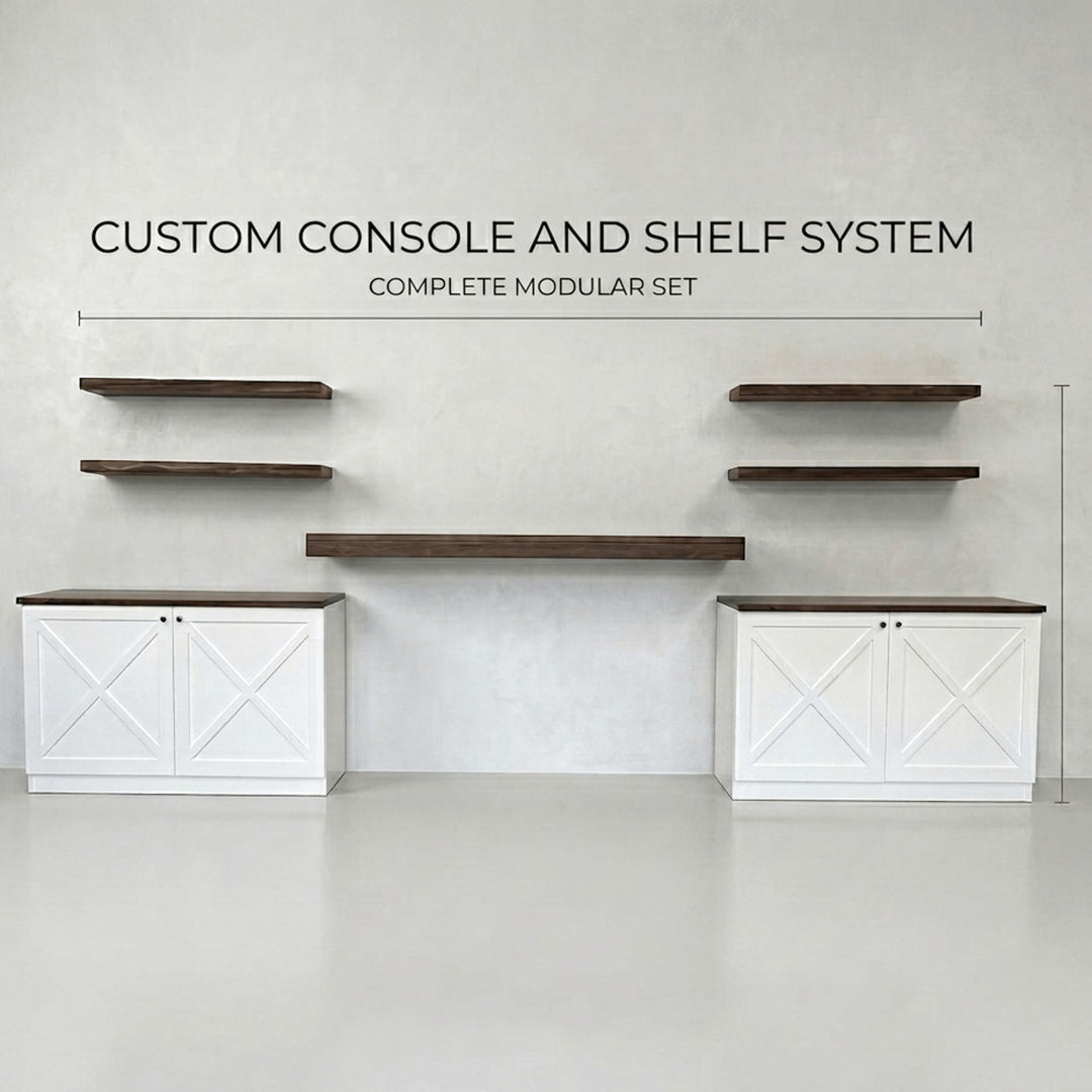 Close-up on the intricate X-brace door paneling of the storage units complemented by the floating wall-mounted display blocks.