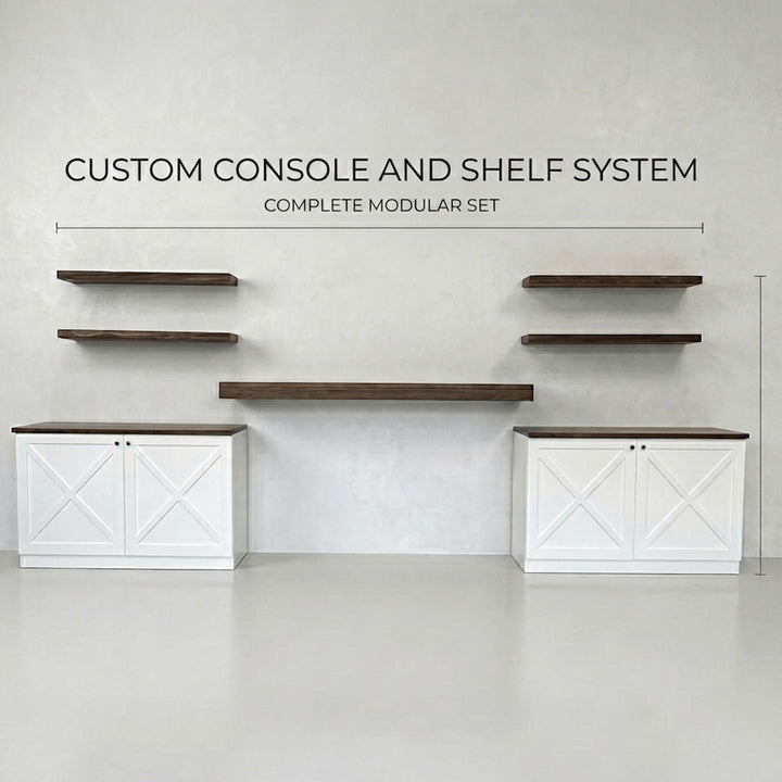 Close-up on the intricate X-brace door paneling of the storage units complemented by the floating wall-mounted display blocks.