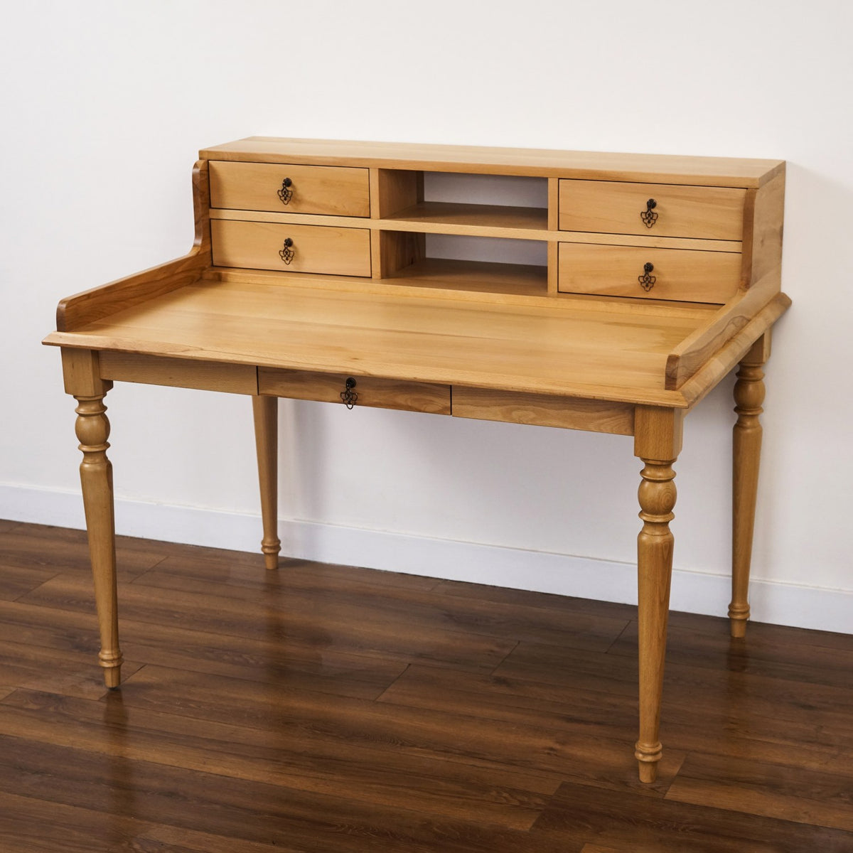 Solid beech writing desk with hutch drawers from the right corner, no chair