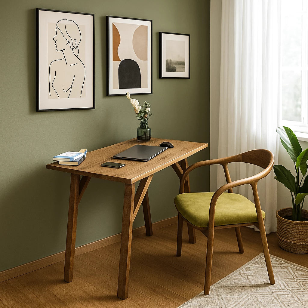 Handmade walnut desk with a chair and a small plant, designed for solid wood writing in compact office spaces.