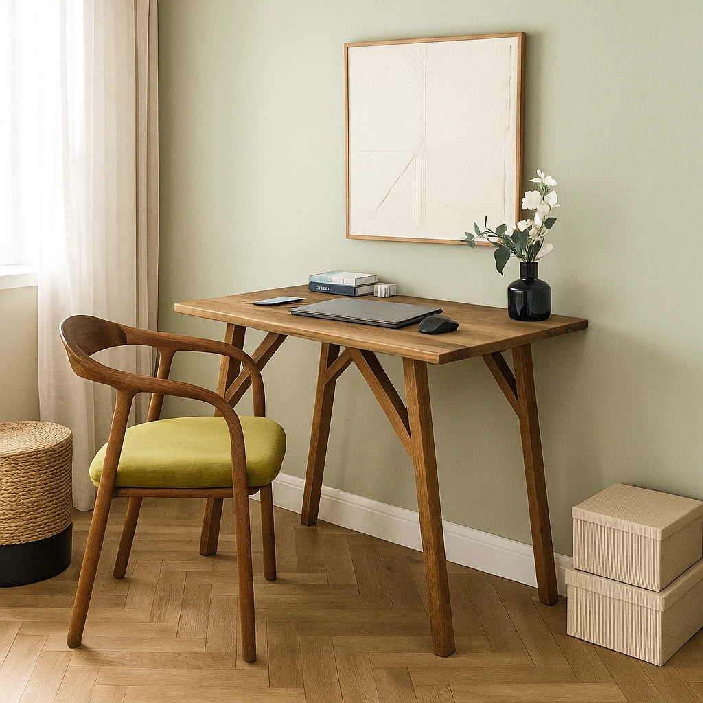 Handmade walnut desk with a chair, complemented by a painting on the wall, ideal for small office spaces.