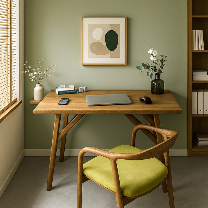Handmade walnut desk with a chair and bookshelf, ideal for small office spaces, showcasing solid wood craftsmanship.