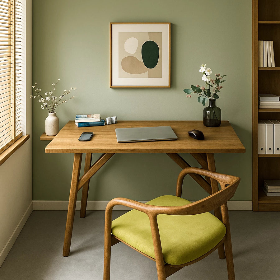 Solid walnut writing desk with angled legs and a laptop in a small office, green-seat chair in front
